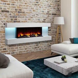 SimpliFire 60-Inch Format Floating Mantel Wall Mount Electric Fireplace | Finished White Mantel | Log & Crystal Hearth Options | 1500 Watt Heater | Remote Control Included