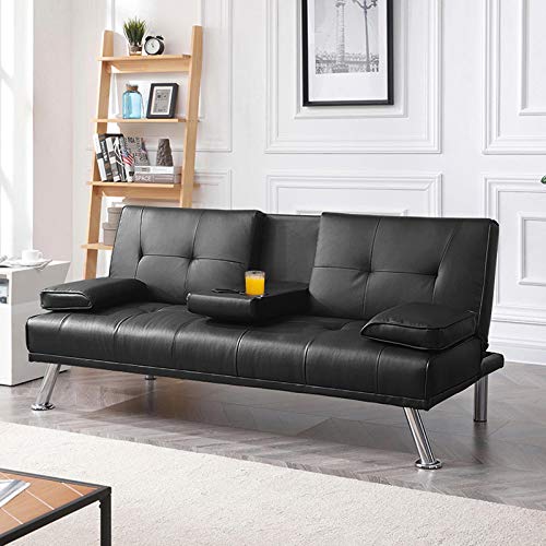 Yaheetech Convertible Sofa Bed Adjustable Couch Sleeper Modern Faux Leather Home Recliner Reversible Loveseat Folding Daybed Guest Bed, Removable Armrests，Cup Holders, 3 Angles, 772lb Capacity, Black