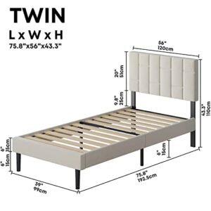 LIKIMIO Twin Platform Bed Frame, Modern Upholstered Bed with Headboard and Wood Slat Support, Noise-Free, No Box Spring Needed, Beige