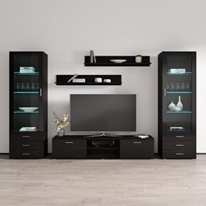 MEBLE FURNITURE & RUGS SOHO 4 Modern Wall Unit with 16 Colors LED Lights (Black)