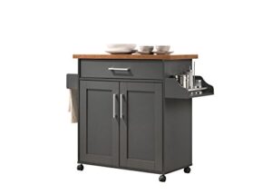 hodedah kitchen island with spice rack, towel rack & drawer, grey with oak top