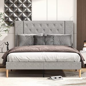 molyuras full size bed frame, upholstered platform double full bed frame with button tufted suede velour headboard, no box spring needed, sturdy wood slat support, easy assembly