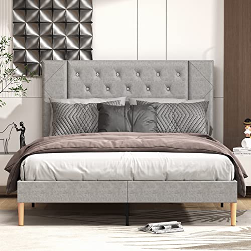 MOLYURAS Full Size Bed Frame, Upholstered Platform Double Full Bed Frame with Button Tufted Suede Velour Headboard, No Box Spring Needed, Sturdy Wood Slat Support, Easy Assembly