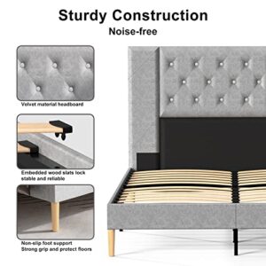 MOLYURAS Full Size Bed Frame, Upholstered Platform Double Full Bed Frame with Button Tufted Suede Velour Headboard, No Box Spring Needed, Sturdy Wood Slat Support, Easy Assembly