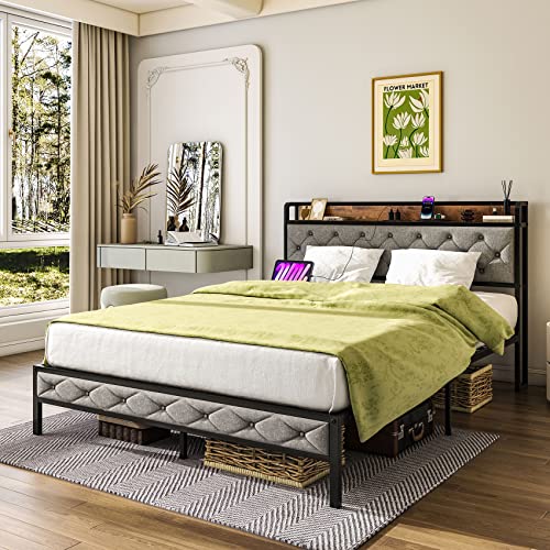 CBBPET King Bed Frame and Headboard, Bed Frame with Charging Station, King Platform Bed Frame No Box Spring Needed - Easy to Assemble