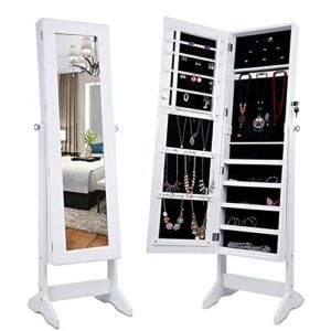 lockable jewelry armoire large jewelry cabinet with standing mirror jewelry holder organizer storage, 4 angle adjustable (white)
