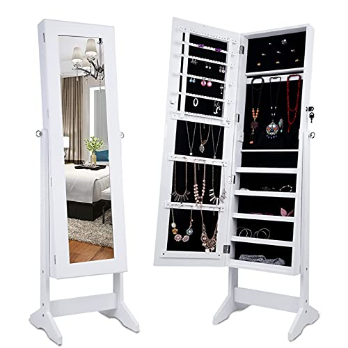 Lockable Jewelry Armoire Large Jewelry Cabinet with Standing Mirror Jewelry Holder Organizer Storage, 4 Angle Adjustable (White)