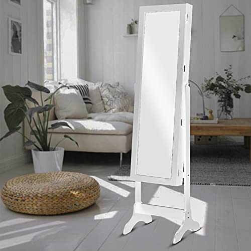 Lockable Jewelry Armoire Large Jewelry Cabinet with Standing Mirror Jewelry Holder Organizer Storage, 4 Angle Adjustable (White)