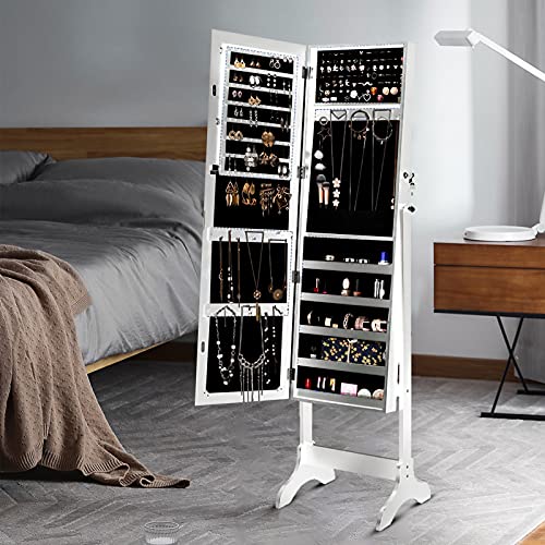 Lockable Jewelry Armoire Large Jewelry Cabinet with Standing Mirror Jewelry Holder Organizer Storage, 4 Angle Adjustable (White)