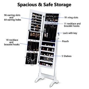 Lockable Jewelry Armoire Large Jewelry Cabinet with Standing Mirror Jewelry Holder Organizer Storage, 4 Angle Adjustable (White)