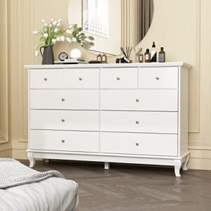 homsee 10 drawer double dresser with stylish carved legs, modern wood dresser chest of drawers with large storage space for bedroom, white (55.1”w x 15.7”d x 35.4”h)