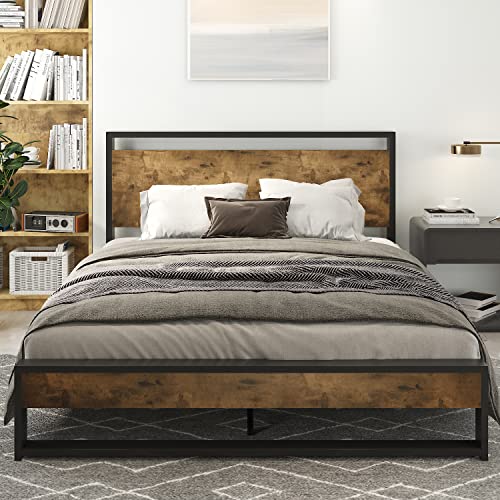 IMUsee Queen Bed Frame with Wooden Headboard, Modern Rustic Style Platform Bed Frame Queen Size, No Box Spring Needed, Easy Assembly, Brown