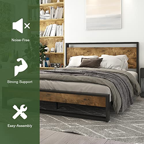 IMUsee Queen Bed Frame with Wooden Headboard, Modern Rustic Style Platform Bed Frame Queen Size, No Box Spring Needed, Easy Assembly, Brown