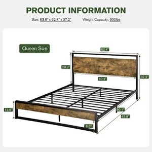 IMUsee Queen Bed Frame with Wooden Headboard, Modern Rustic Style Platform Bed Frame Queen Size, No Box Spring Needed, Easy Assembly, Brown