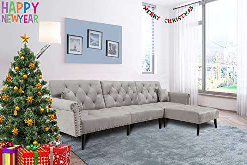 Zushule Convertible Sectional Couch with Chaise Lounge for Living Room, Comfy Velvet Fabric L-Shaped Reversible Reclining Sofa with 3 Seats and Pillows, for Small Apartment and Spaces - (Light Grey)