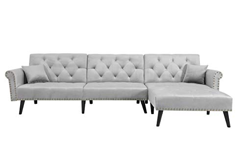 Zushule Convertible Sectional Couch with Chaise Lounge for Living Room, Comfy Velvet Fabric L-Shaped Reversible Reclining Sofa with 3 Seats and Pillows, for Small Apartment and Spaces - (Light Grey)