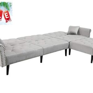 Zushule Convertible Sectional Couch with Chaise Lounge for Living Room, Comfy Velvet Fabric L-Shaped Reversible Reclining Sofa with 3 Seats and Pillows, for Small Apartment and Spaces - (Light Grey)