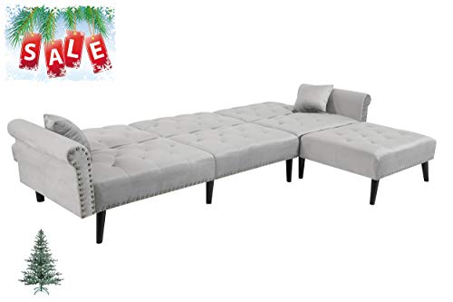 Zushule Convertible Sectional Couch with Chaise Lounge for Living Room, Comfy Velvet Fabric L-Shaped Reversible Reclining Sofa with 3 Seats and Pillows, for Small Apartment and Spaces - (Light Grey)