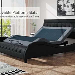 SHA CERLIN Queen Size Box-Tufted Platform Bed Frame/Faux Leather Upholstered Bed Frame with Adjustable Headboard/Wood Slat Support/Wave-Like Modern Bed/Low Profile/Black
