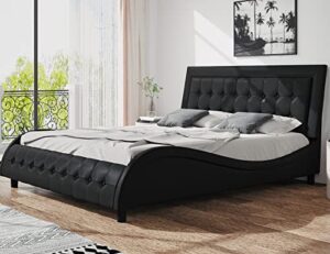 sha cerlin queen size box-tufted platform bed frame/faux leather upholstered bed frame with adjustable headboard/wood slat support/wave-like modern bed/low profile/black
