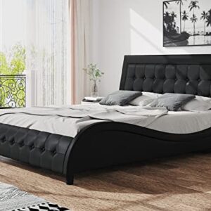 SHA CERLIN Queen Size Box-Tufted Platform Bed Frame/Faux Leather Upholstered Bed Frame with Adjustable Headboard/Wood Slat Support/Wave-Like Modern Bed/Low Profile/Black