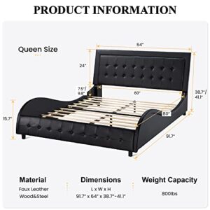 SHA CERLIN Queen Size Box-Tufted Platform Bed Frame/Faux Leather Upholstered Bed Frame with Adjustable Headboard/Wood Slat Support/Wave-Like Modern Bed/Low Profile/Black