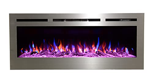 The Sideline Deluxe™ by Touchstone - Stainless Steel Electric Fireplace - 50 Inch Wide - in Wall Recessed - 5 Flame Settings - Multiple Color Flame - 1500W Heater - Log & Crystal Hearth Options- 86273