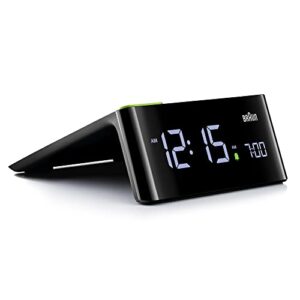 braun digital alarm clock with va lcd display, touch snooze pad, quick set, automatically adjusting display brightness, beep alarm in black, model bc16bus.