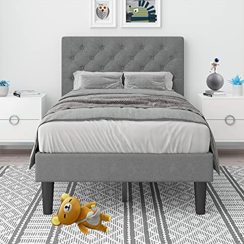 4 EVER WINNER Twin Bed Frames Upholstered Platform Bed Frame with Button Tufted Headboard, Twin Size Bed Frames for Kids, Sturdy Slat Support, No Box Spring Needed, Easy Assembly, Grey