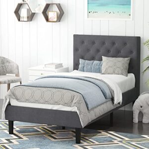 4 EVER WINNER Twin Bed Frames Upholstered Platform Bed Frame with Button Tufted Headboard, Twin Size Bed Frames for Kids, Sturdy Slat Support, No Box Spring Needed, Easy Assembly, Grey