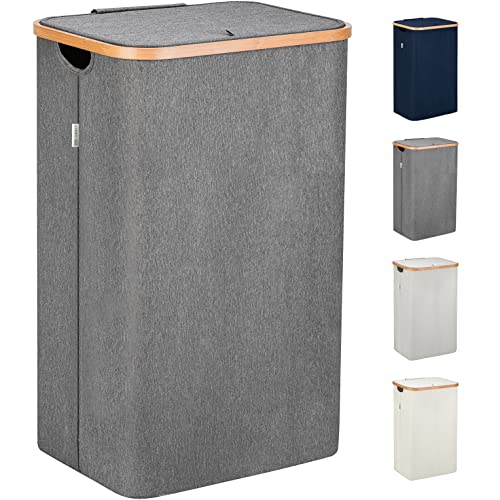 Lonbet - Grey Laundry Hamper with Lid - XL 100 L - Large Hampers for Laundry with Handles - Laundry Baskets with Lid for Bedrooms - Bamboo Bathroom Tall Laundry Bin