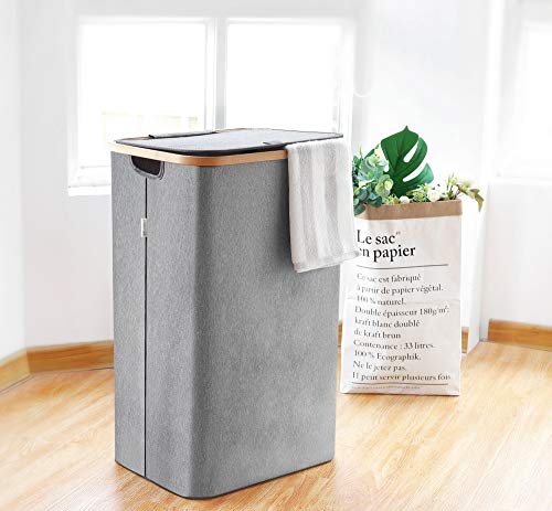 Lonbet - Grey Laundry Hamper with Lid - XL 100 L - Large Hampers for Laundry with Handles - Laundry Baskets with Lid for Bedrooms - Bamboo Bathroom Tall Laundry Bin