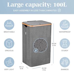 Lonbet - Grey Laundry Hamper with Lid - XL 100 L - Large Hampers for Laundry with Handles - Laundry Baskets with Lid for Bedrooms - Bamboo Bathroom Tall Laundry Bin