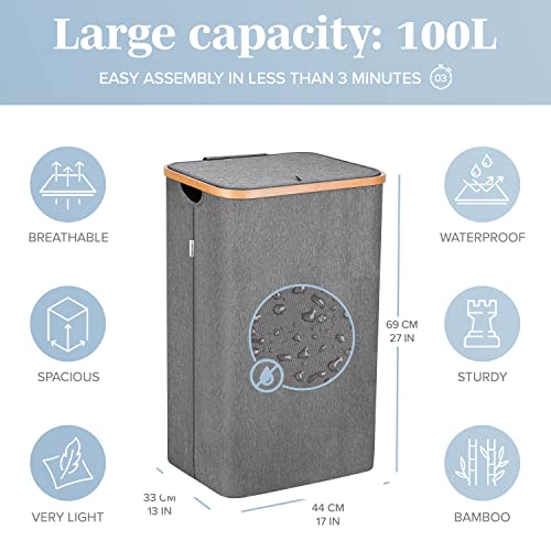 Lonbet - Grey Laundry Hamper with Lid - XL 100 L - Large Hampers for Laundry with Handles - Laundry Baskets with Lid for Bedrooms - Bamboo Bathroom Tall Laundry Bin