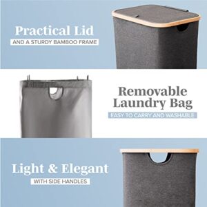 Lonbet - Grey Laundry Hamper with Lid - XL 100 L - Large Hampers for Laundry with Handles - Laundry Baskets with Lid for Bedrooms - Bamboo Bathroom Tall Laundry Bin