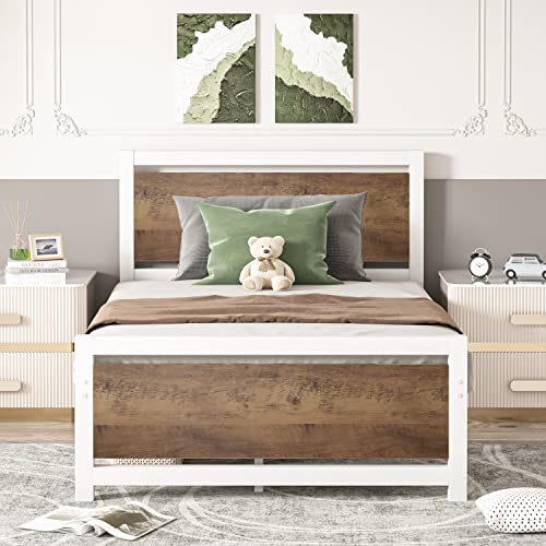 4 EVER WINNER Twin Bed Frames Wood with Headboard, Twin Size Platform Metal Bed Frame, Heavy Duty Steel Slat Twin Metal Bed Frames, No Box Spring Needed, Mattress Foundation, Anti-Slip, Easy Assembly