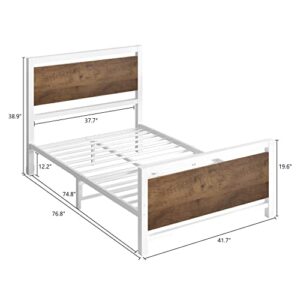 4 EVER WINNER Twin Bed Frames Wood with Headboard, Twin Size Platform Metal Bed Frame, Heavy Duty Steel Slat Twin Metal Bed Frames, No Box Spring Needed, Mattress Foundation, Anti-Slip, Easy Assembly