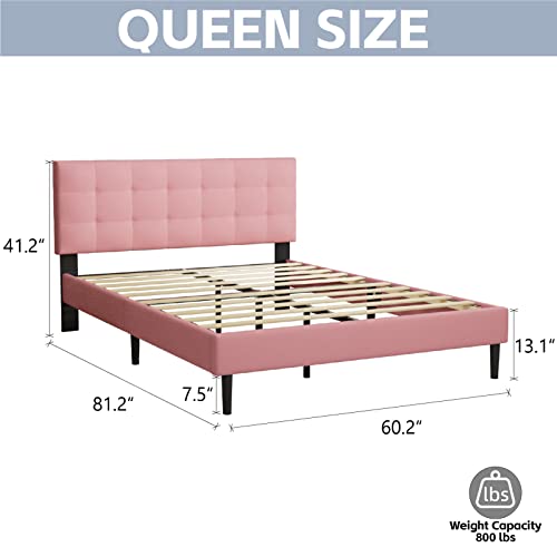 Lijimei Queen Size Bed Frame with Upholstered Platform Headboard and Strong Wooden Slats,Non-Slip, Mattress Foundation, No Box Spring Needed, Easy Assembly, Noise Free, Pink