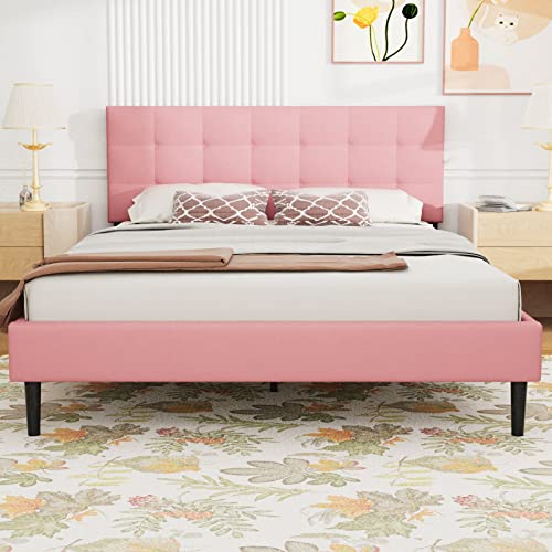 Lijimei Queen Size Bed Frame with Upholstered Platform Headboard and Strong Wooden Slats,Non-Slip, Mattress Foundation, No Box Spring Needed, Easy Assembly, Noise Free, Pink