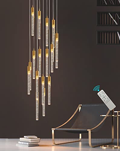 Flashing God H-11.5feet Staircase Crystal Chandeliers Modern 20-Lights Foyer Entrway Long Pendant Chandeliers High Ceiling Crystal Chandeliers with LED Dimmable 3000-6000K Lighting Fixture