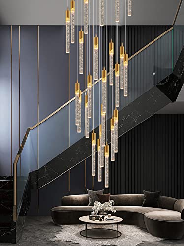 Flashing God H-11.5feet Staircase Crystal Chandeliers Modern 20-Lights Foyer Entrway Long Pendant Chandeliers High Ceiling Crystal Chandeliers with LED Dimmable 3000-6000K Lighting Fixture