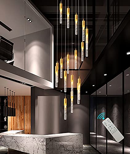 Flashing God H-11.5feet Staircase Crystal Chandeliers Modern 20-Lights Foyer Entrway Long Pendant Chandeliers High Ceiling Crystal Chandeliers with LED Dimmable 3000-6000K Lighting Fixture