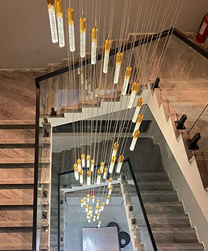 Flashing God H-11.5feet Staircase Crystal Chandeliers Modern 20-Lights Foyer Entrway Long Pendant Chandeliers High Ceiling Crystal Chandeliers with LED Dimmable 3000-6000K Lighting Fixture