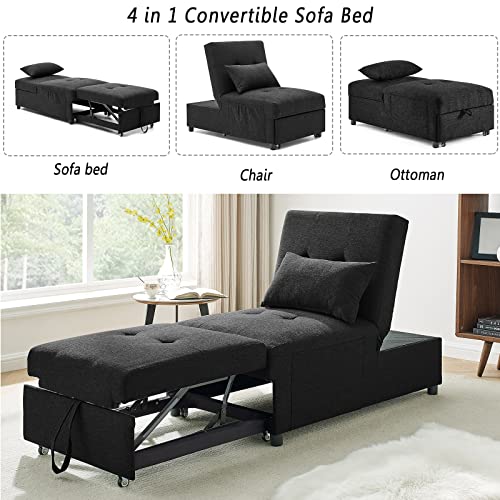 Antetek Sleeper Chair Bed, Convertible Chair 4 in 1 Multi-Function Folding Ottoman Sofa Bed Pull Out Sleeper Chair Beds, Adjustable Backrest, Single Bed Chair for Small Space, Black(44” x 26” x 33”H)
