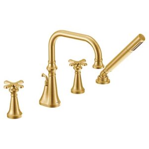 moen ts44506bg colinet two deck-mount roman tub faucet trim with cross handles and handshower valve required, brushed gold