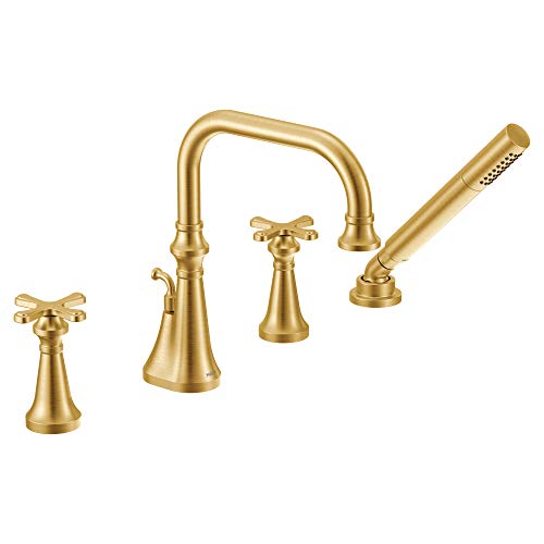 Moen TS44506BG Colinet Two Deck-Mount Roman Tub Faucet Trim with Cross Handles and Handshower Valve Required, Brushed Gold