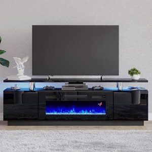 amerlife fireplace tv stand with 36″ fireplace, 70″ modern high gloss entertainment center led lights, 2 tier tv console cabinet for tvs up to 80″, black