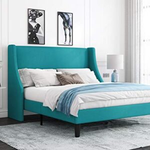 Allewie Queen Bed Frame, Platform Bed Frame Queen Size with Upholstered Headboard, Modern Deluxe Wingback, Wood Slat Support, Mattress Foundation, Peacock Green