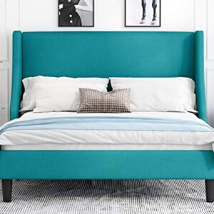 Allewie Queen Bed Frame, Platform Bed Frame Queen Size with Upholstered Headboard, Modern Deluxe Wingback, Wood Slat Support, Mattress Foundation, Peacock Green