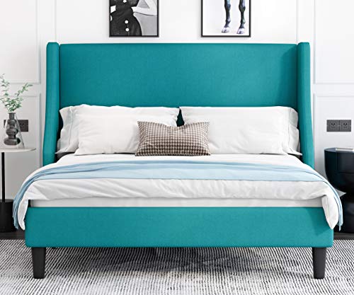 Allewie Queen Bed Frame, Platform Bed Frame Queen Size with Upholstered Headboard, Modern Deluxe Wingback, Wood Slat Support, Mattress Foundation, Peacock Green